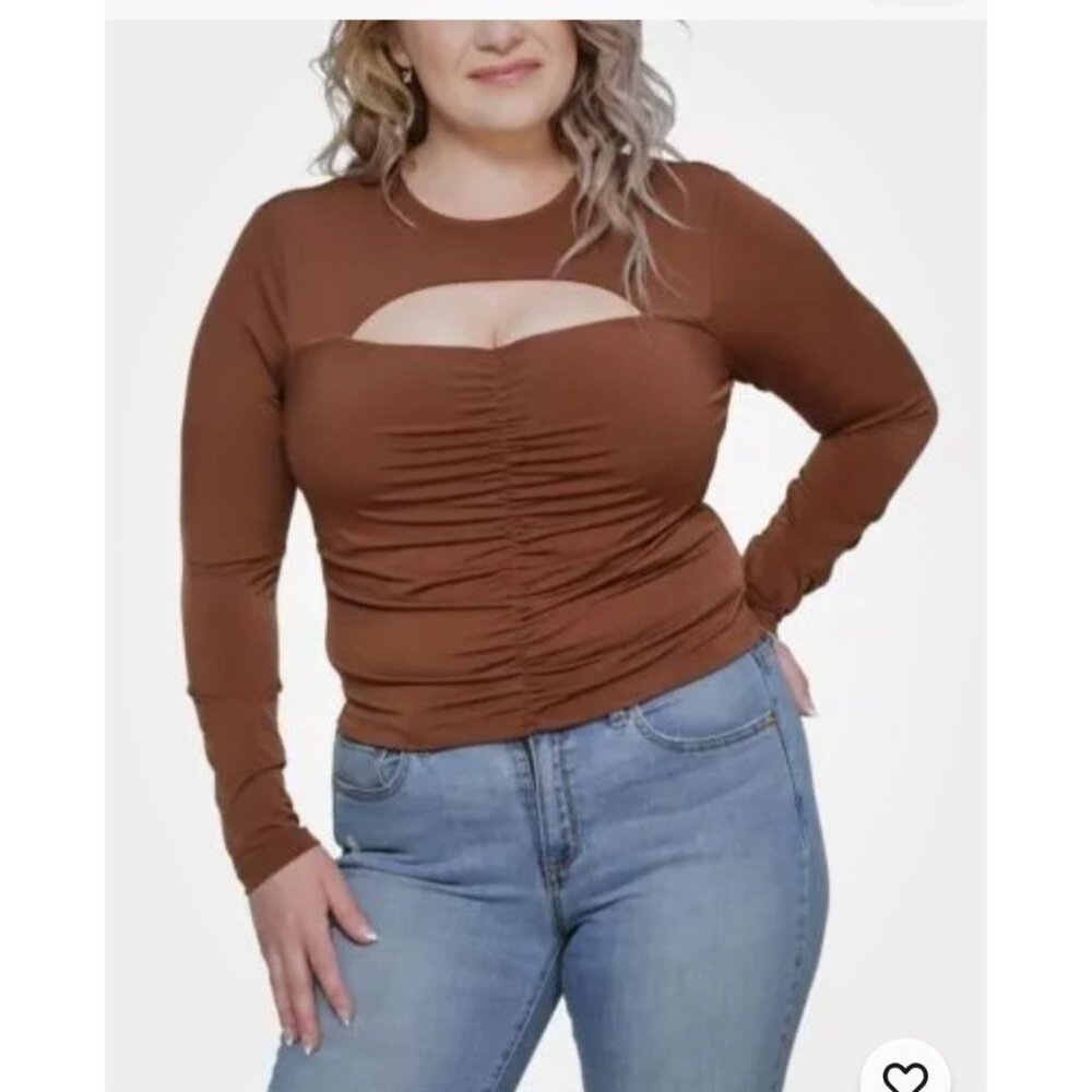Just Polly NY Ruched Cut-Out Top 3X Chocolate‎ Brown Long Sleeve